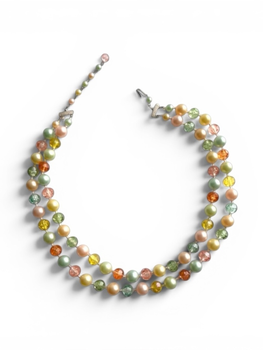 Vintage Uranium Bead Collar Multi Strand Necklace Pastel Faux Pearl Crystal
